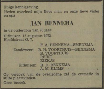 overlijdensadvertentie jan bennema op 15 aug 1972.